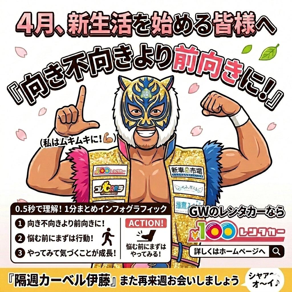 Carbell_co's tweet photo. 【第1回 隔週カーベル伊藤クイズ】

答えは...②前向きに

新生活のスタート！前向きに頑張りましょう🌸

＼GWのドライブは10分100円からの100円レンタカーで／

#隔週カーベル伊藤 #カーベル #100円レンタカー https://t.co/WTdgo1cShk