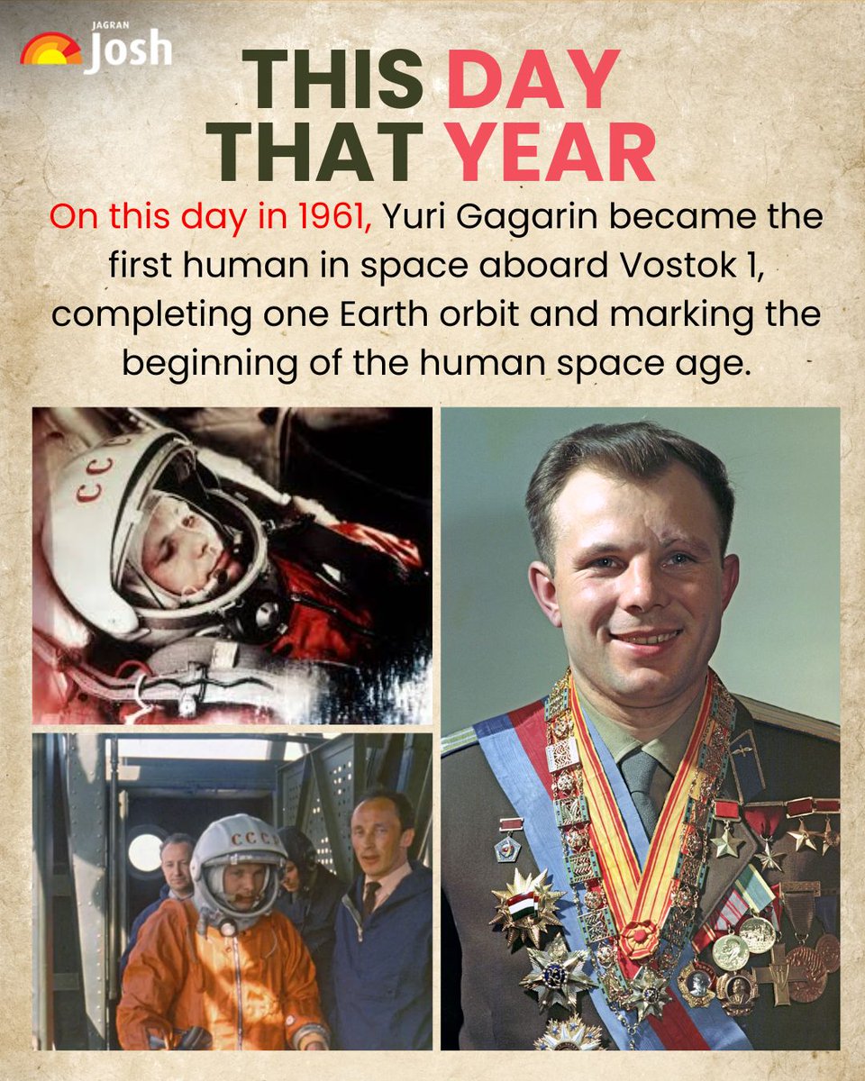 Jagranjosh's tweet image. On April 12, 1961, Yuri Gagarin became the first human in space, completing one orbit around Earth and marking the beginning of the human space age.
[  Yuri Gagarin 1961, first human in space, Vostok 1 mission ]
#ThisDayThatYear #YuriGagarin #SpaceHistory #HumanSpaceflight
