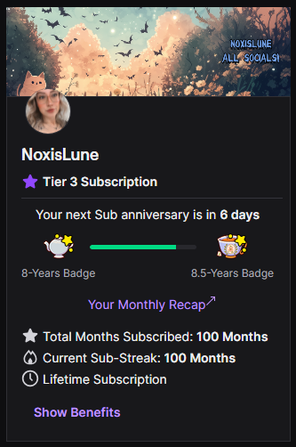 NoxisLuneVT's tweet photo. I've been a streamer for 100 months 😭it's so emotional seeing triple digits and this wild journey I've been on 

Thanks for being my home @Twitch https://t.co/7zagFHinQf