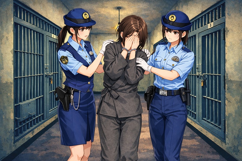 ayanee_worm's tweet photo. 豊原の治安を守ると使命感に燃えた女性警察官
駅前で袴姿の女子学生による置き引きを目撃し、現行犯逮捕
手錠を掛け警察署に連行し、灰色の作務衣に着替えて留置場に収���する
女子学生は物々しい牢屋を見て犯した罪に後悔し、手錠が掛けられた両手で顔を覆い泣いて許しを請うが、許されるはずもない https://t.co/rAoKID6Sjo