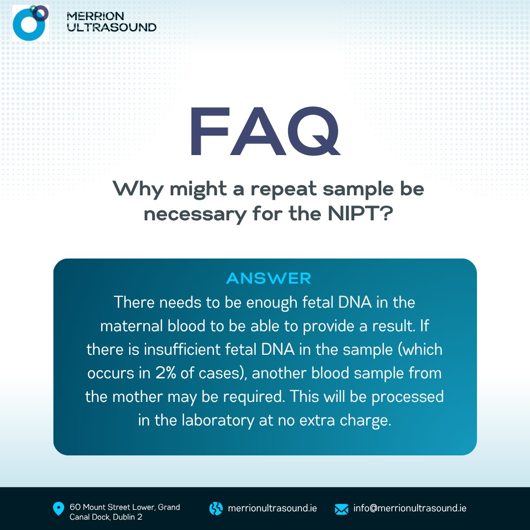 MerrionUltrasnd's tweet image. Why might a repeat sample be necessary for the NIPT?

There needs to be enough fetal DNA in the maternal blood to be able to provide a result.

Find the answer to this and other questions about the NIPT on this page: merrionultrasound.ie/harmony-prenat…

#NIPT #HarmonyTest #PrenatalTesting