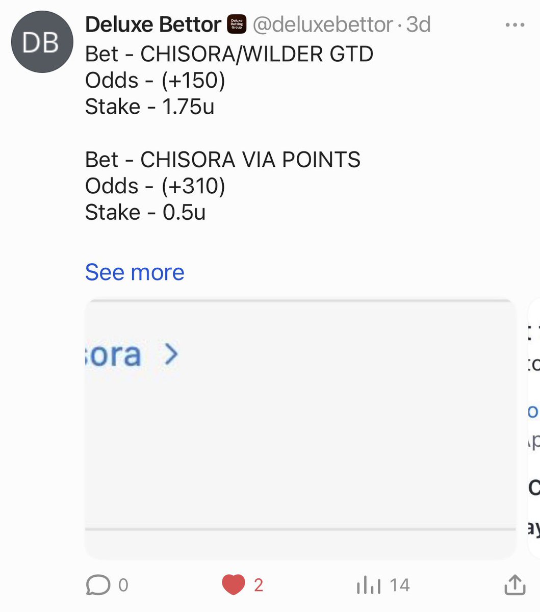 DeluxeBettor's tweet image. #WilderChisora 

Wilder/Chisora GTD (+150) ✅ 

Chisora via Dec (+310) ❌

What a great bloke Deontay is cashing our GTD ticket