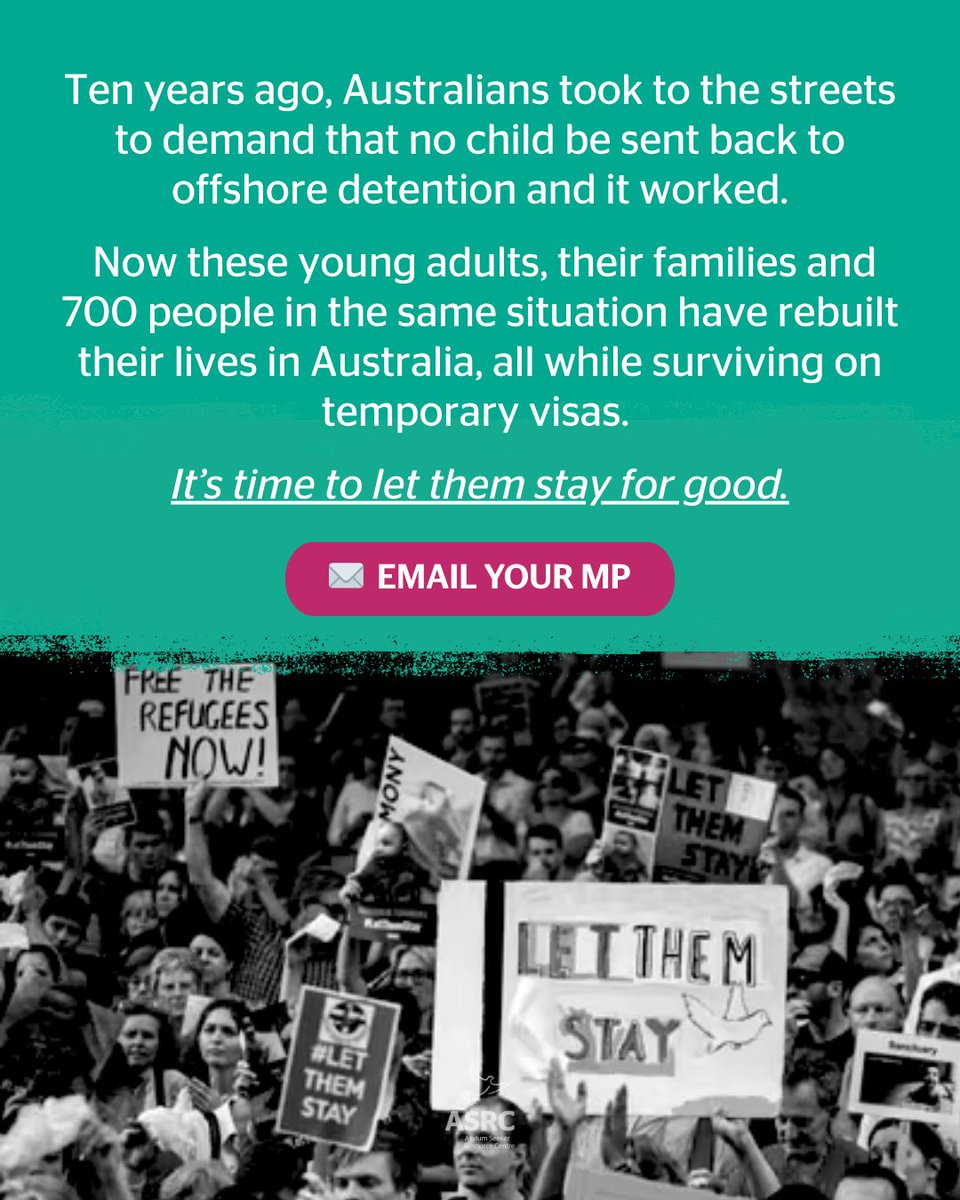 ASRC1's tweet photo. Ten years ago, Australians took to the streets to demand that people seeking safety not be sent to offshore detention and it worked.

It’s time to let them stay for good. Send an email to your MP today: https://t.co/RUPhE58Ark ✍️ https://t.co/fQ41KtdFpb