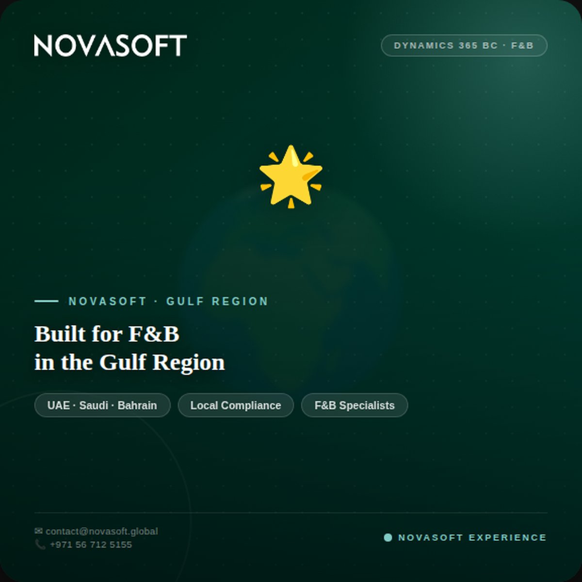 NovasoftGlobal's tweet photo. F&amp;B in the Gulf has challenges generic ERP vendors don't understand.
Municipality fees. VAT complexity. Free zone + mainland entities.
Novasoft was built here. For exactly this. 🌍
contact@novasoft.global
#GulfRegion #UAE #SaudiArabia #Dynamics365BC #NovasoftGlobal https://t.co/c6yeAsGeJa