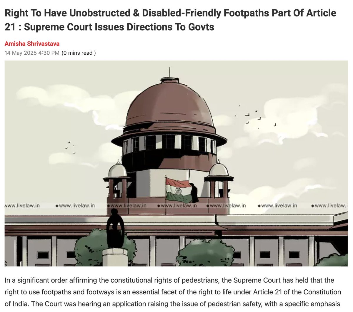 BusKaroHyd's tweet image. Supreme Court in May 2025: "The right to unobstructed, disabled-friendly #footpaths is guaranteed under Article 21." 

That's a right to life. Not a civic amenity or nice-to-have. A fundamental right. What does that mean for #Hyderabad where walking is genuinely life-threatening?