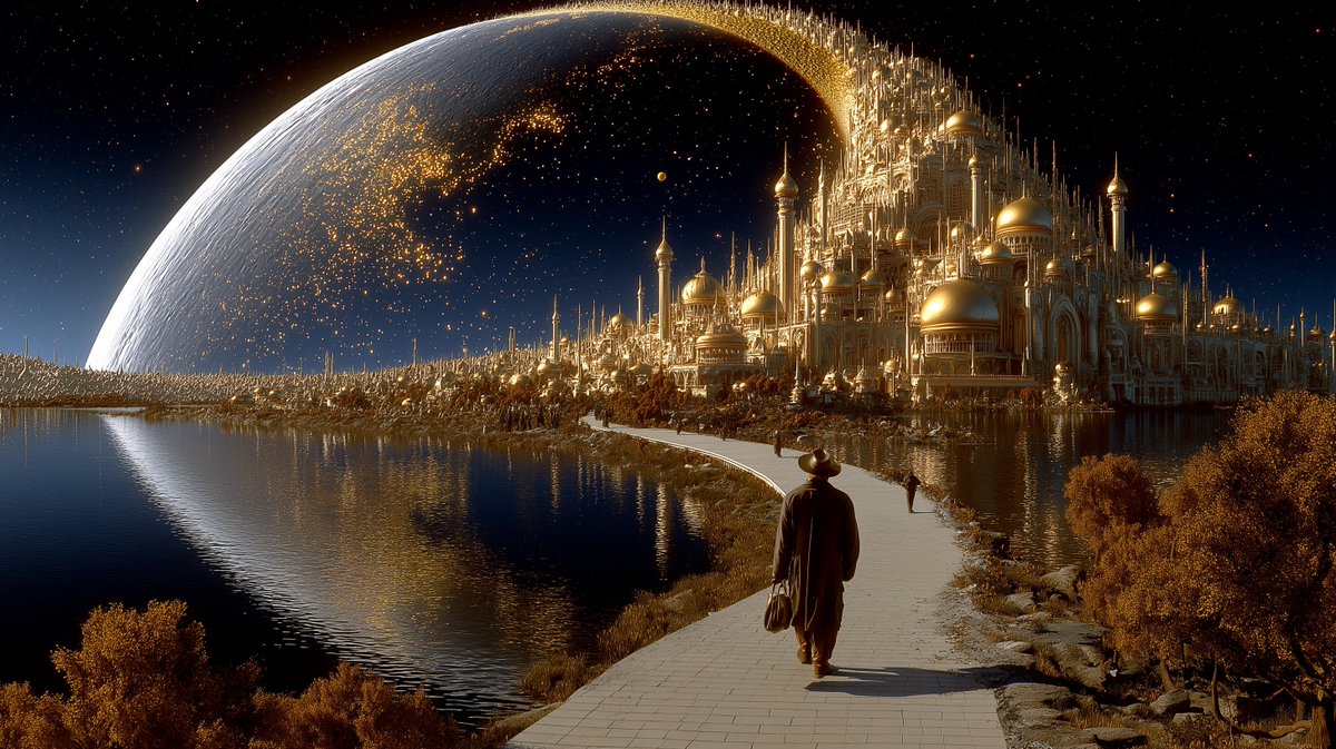 abuzaki1978's tweet photo. Grok Imagine Quality Mode is pure magic 🔥
Smooth cinematic animation of a lone traveler walking toward an impossible golden city under a glowing cosmic ring.
Quality over quantity is real.
Thoughts? #GrokImagine #QualityMode https://t.co/4I6Ld4uZiV