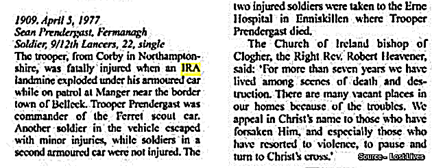 OnThisDayPIRA's tweet photo. #OnThisDay in 1977 the IRA murdered Sean Prendergast, 22, from Corby. Soldier in 9/12 Royal Lancers on 2 vehicle patrol at night, commanding armoured ferret scout car, Manger, West Fermanagh, Northern Ireland Fatally injured by culvert landmine. Died in Erne Hospital next am #OTD https://t.co/kOjMkCcXzo