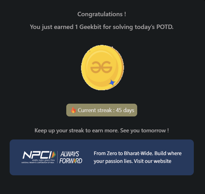 PrincyDubey84's tweet photo. Day 45/60 ✅Solved the Target Sum challenge today🎯
#geekstreak60 #npci #POTD #DSA #DynamicProgramming #SubsetSum #ProblemSolving #Python #Cpp @geeksforgeeks @NPCI_NPCI https://t.co/2QgwJPo2Fs