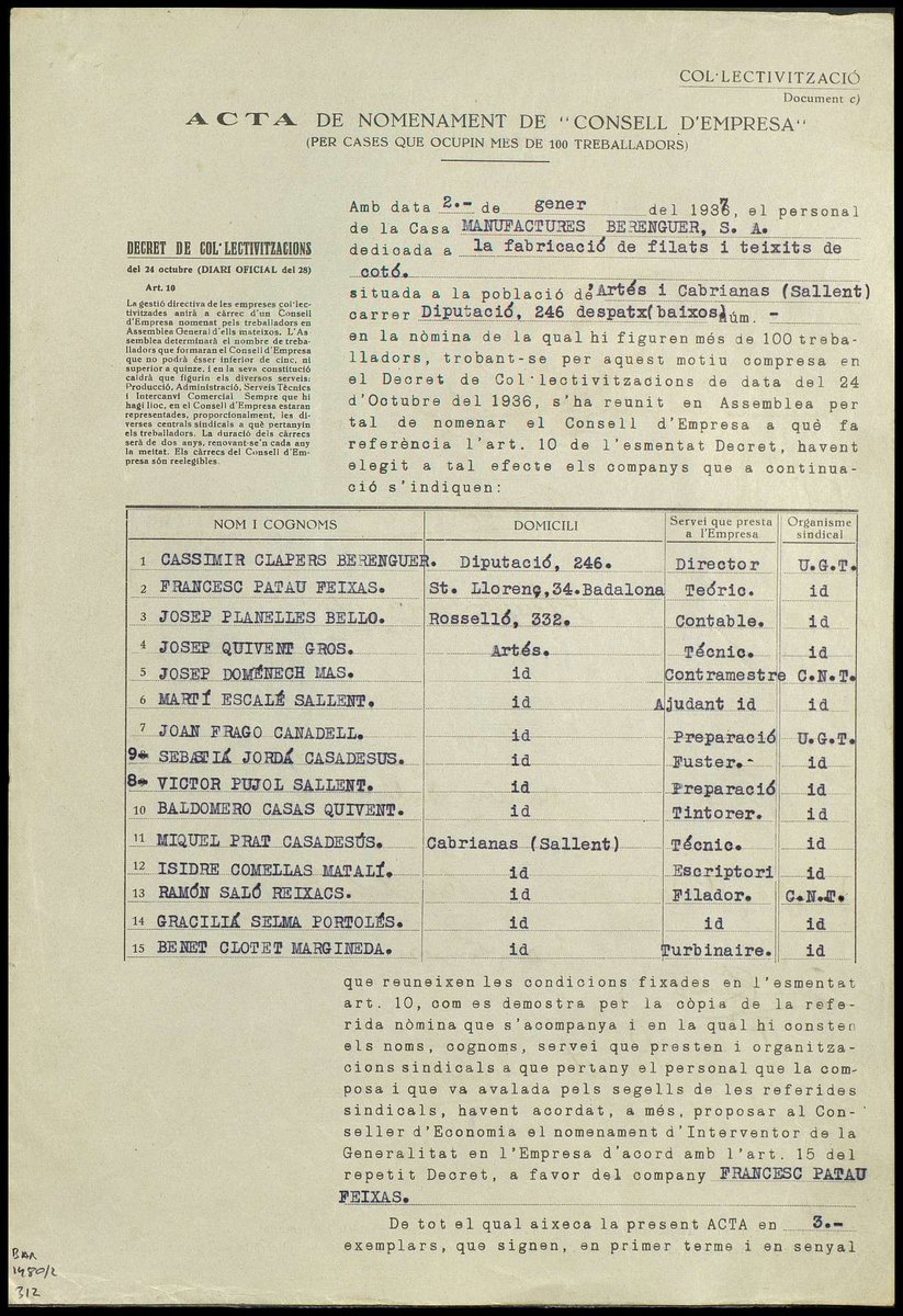 [Guerra Civil] Vamos a establecer la diferencia entre colectivización y socialización, en el caso de la Industria. En Catalunya, al aprobarse el Decreto de Colectivizaciones, las empresas pasaban a ser controladas por los trabajadores. Creaban Consejos de Empresa. Aqui un ejemplo