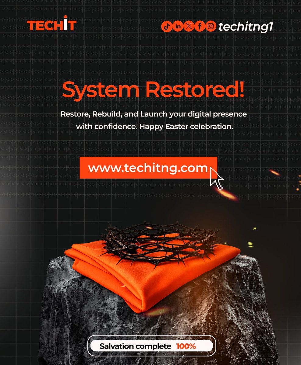 techitng1's tweet photo. Error 404: Death not found. βοΈ
System fully restored. Salvation-100% complete. ππ½
Happy Easter from Team TECHiT! πΆ
#HappyEaster #TechAfrica #NigerianTech #Easter2026 #WebDevelopmentServices https://t.co/mT1zRotqpf