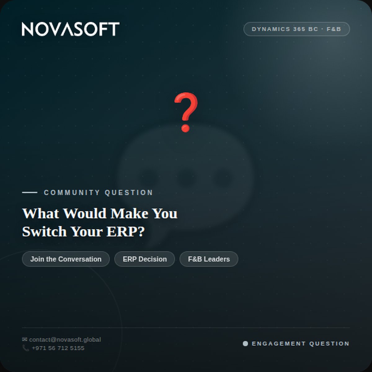 NovasoftGlobal's tweet photo. Genuine question 👇

What would make you change your ERP?

 A) Unbearable pain point
 B) Business growth milestone
 C) Compliance trigger
 D) Competitor with better data
 E) Current system works fine
No pitch. Genuinely curious. 

#ERPDecision #FnBOperations #Novasoft #LSRetail https://t.co/CEbxBRCwGZ