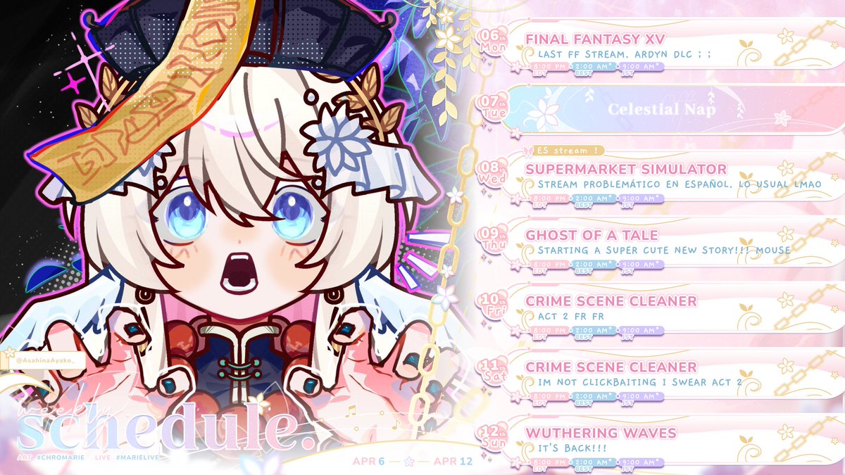 MariieFD's tweet photo. WEEK SCHEDULE 🌟 April 6 - 12
An era is coming to an end 🥹 we're finishing FFXV
⊹ General: #MarieFD
⊹ Live: #Marielive
⊹ Art: #Chromarie / Nsfw: #MariEros
⊹ Meme: #Mariewe
⊹ Assets / thumbnails: #Marielangelo
⊹ Fanname: #Kumamor https://t.co/HUfSqNi34m