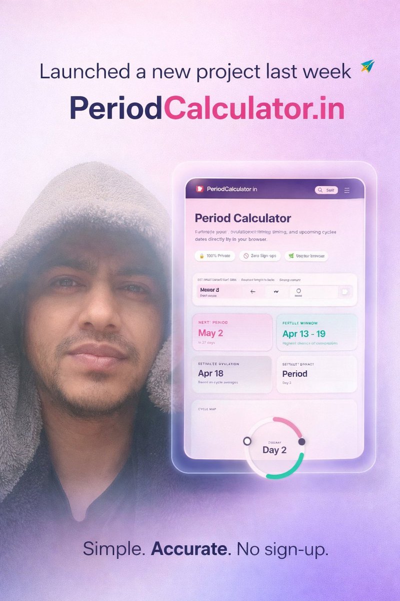 aj07kash's tweet image. Built this last week: 🚀

PeriodCalculator.in

A simple tool to estimate #period dates, fertile window, and ovulation timing.

No sign-up. Private. Browser-based.

Would love honest feedback.
#websitelaunch #buildinpublic #website
#menstruation