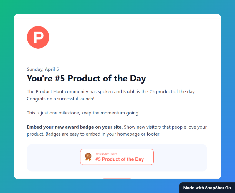 Faahh just hit #5 Product of the Day on <a href="/ProductHunt/">Product Hunt 😸</a> ! 🔥

Thank you so much to everyone who upvoted, commented, shared, and supported ❤️

This really means the world for a small indie project 

producthunt.com/products/faahh…

Grateful for every single one of you!

#buildinpublic