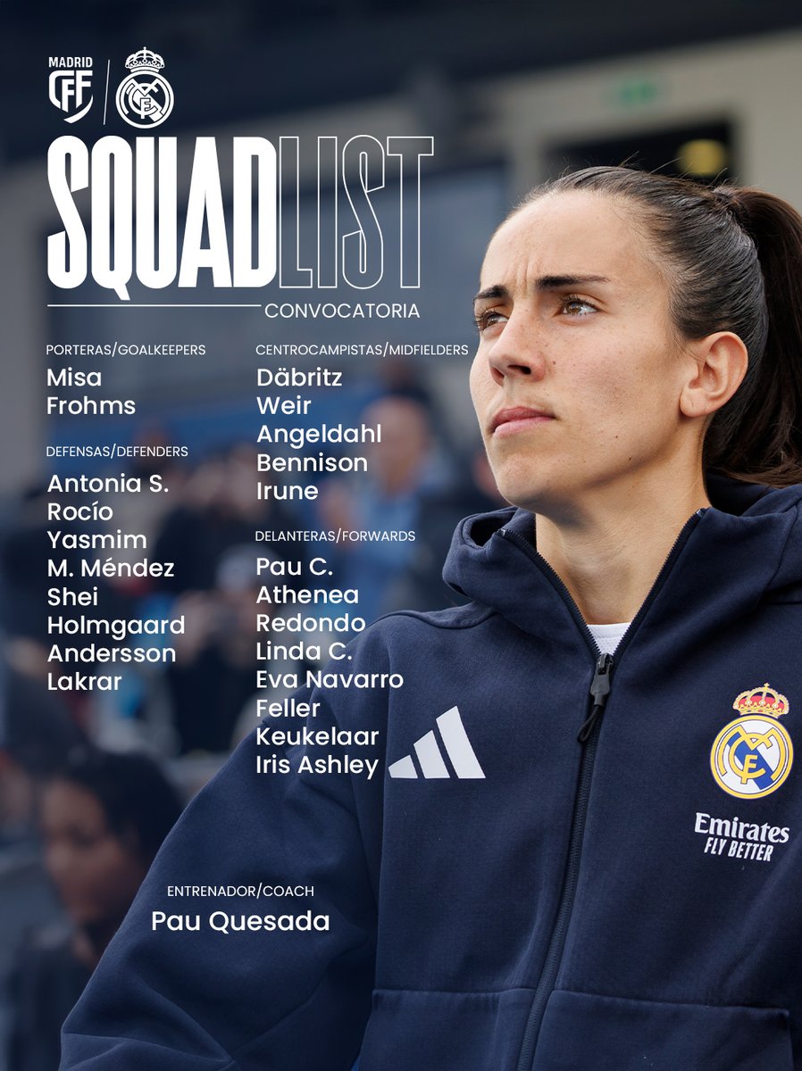 📋 ¡Nuestras convocadas!
✅ Our squad for the match!
🆚 <a href="/MadridCFF/">Madrid CFF</a>