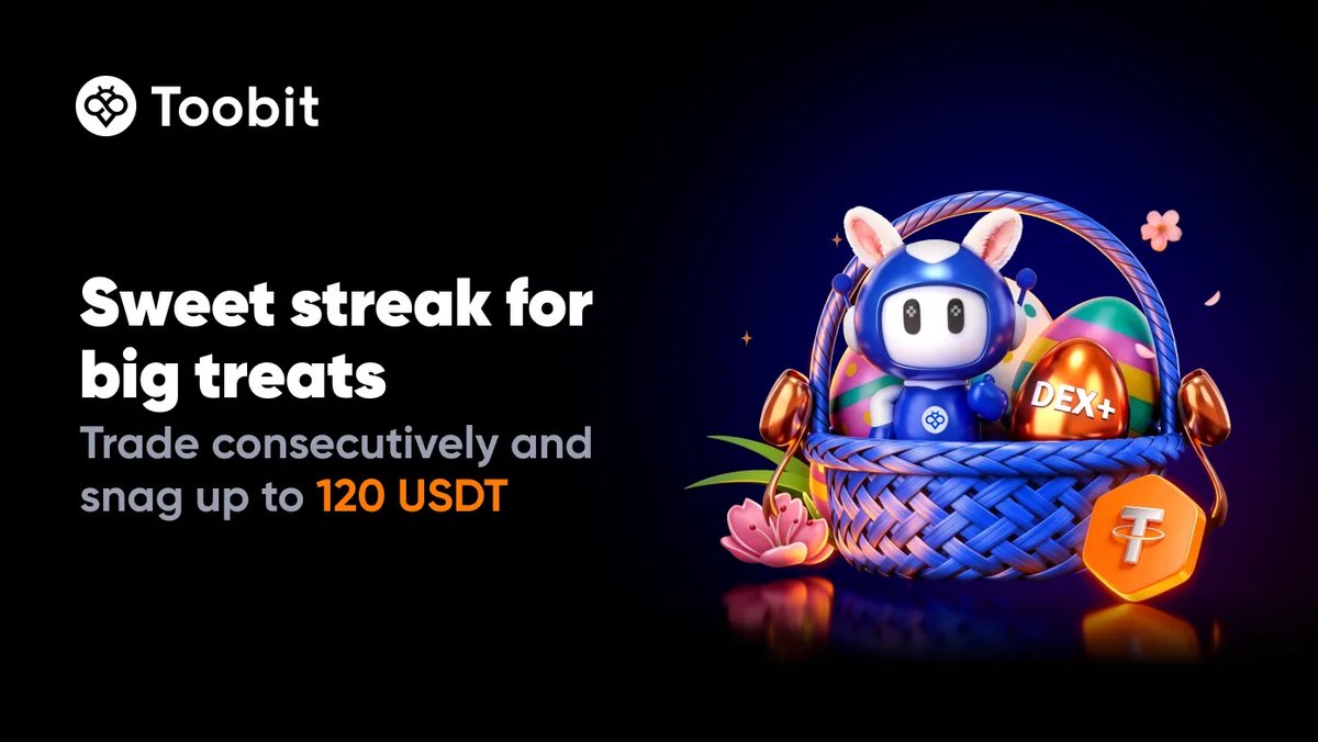 ToobitDexPlus's tweet photo. Your longest streak = your biggest treat.๐ฌ ๐
Trade day after day on Toobit DEX+ and snag up to 120 USDT.
The clock is ticking. Start now ๐ https://t.co/dGydktufJI
#CryptoEaster #Toobit #CryptoGiveaway https://t.co/n5UlajCyQb