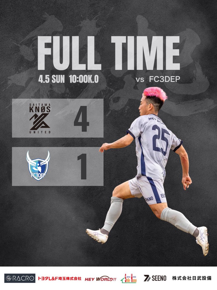 saitama_knos's tweet photo. ⁡《 試合結果報告 》

🏆 埼玉県社会人サッカー1部リーグ 第1節
🆚 FC3DEP
🔢 4-1
⁡
開幕戦勝利✨️⚽️
⁡熱い応援ありがとうございました！🔥

#埼玉ノースユナイテッド https://t.co/JmVBy0aTPv