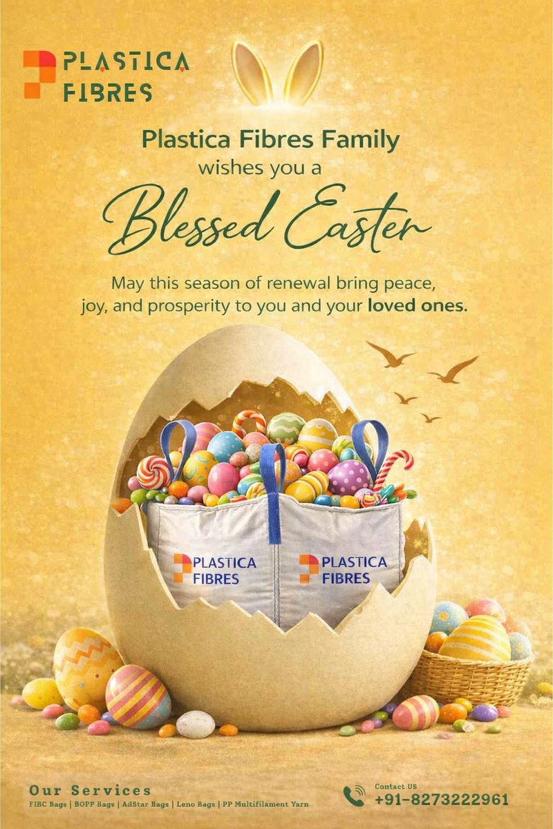 vashankur's tweet photo. “This Easter, we weave joy and quality into every fibre.”  
Blessed Easter from Plastica Fibres Family  
#Easter2026 #QualityInEveryFibre #FIBCBags #BulkBags #JumboBags #PackagingIndustry #ExportBusiness #IndustrialSolutions #PlasticaFibres #ReliablePackaging #Makeinindia https://t.co/WzhffbVBpD
