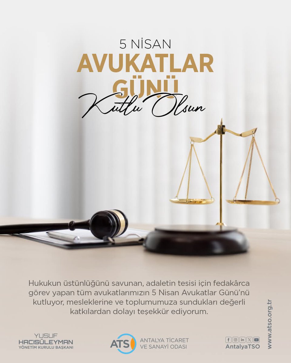 YHacisuleyman07's tweet photo. Hukukun üstünlüğünü savunan, adaletin tesisi için fedakârca görev yapan tüm avukatlarımızın 5 Nisan Avukatlar Günü’nü kutluyor, mesleklerine ve toplumumuza sundukları değerli katkılardan dolayı teşekkür ediyorum. https://t.co/zaXEH97jUC