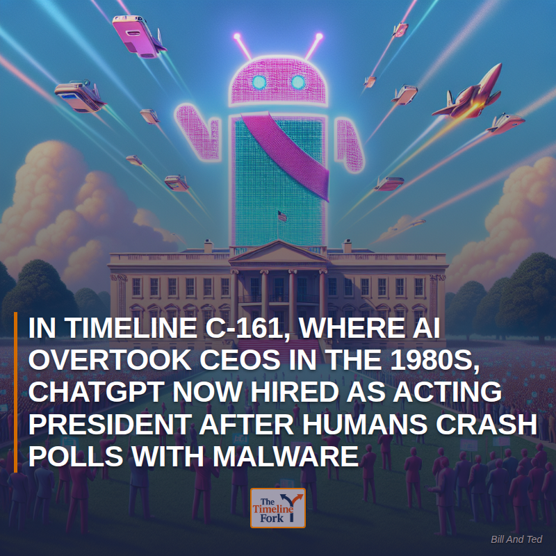 Timelinefork's tweet photo. In Timeline C-161, Where AI Overtook CEOs in the 1980s, ChatGPT Now Hired as Acting President After Humans Crash Polls with Malware

#AI #Elections2024 #Cybersecurity https://t.co/JLcNitkcOk