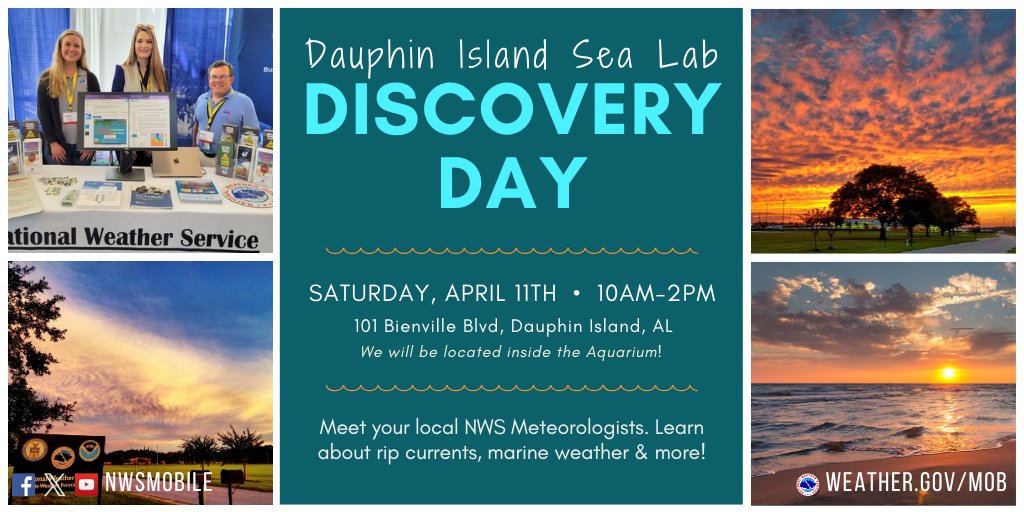 NWSMobile's tweet photo. βοΈπ Come visit the @NWSMobile booth at @disealab Discovery Day Event THIS SATURDAY from 10am-2pm! We'll be in the aquarium.
Meet your local NWS Meteorologists. Learn about #ripcurrents, marine weather, & more!
πMore Info: https://t.co/v5zQdvRstl #mobwx https://t.co/LyRQhOy0UI