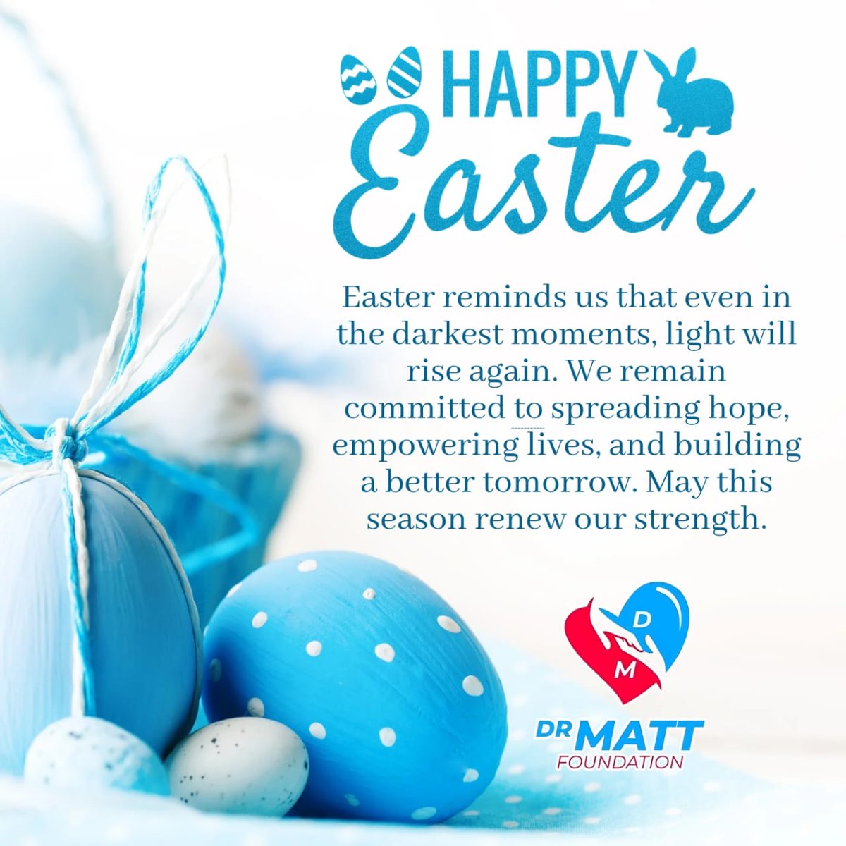 drmattfoundatio's tweet photo. He has risen

Wishing you a joyous Easter from Dr Matt Foundation
May this day bring you hope, love and happiness
May the spirit of renewal and the promise of new beginnings fill your heart and home https://t.co/CyN9TBsYwt