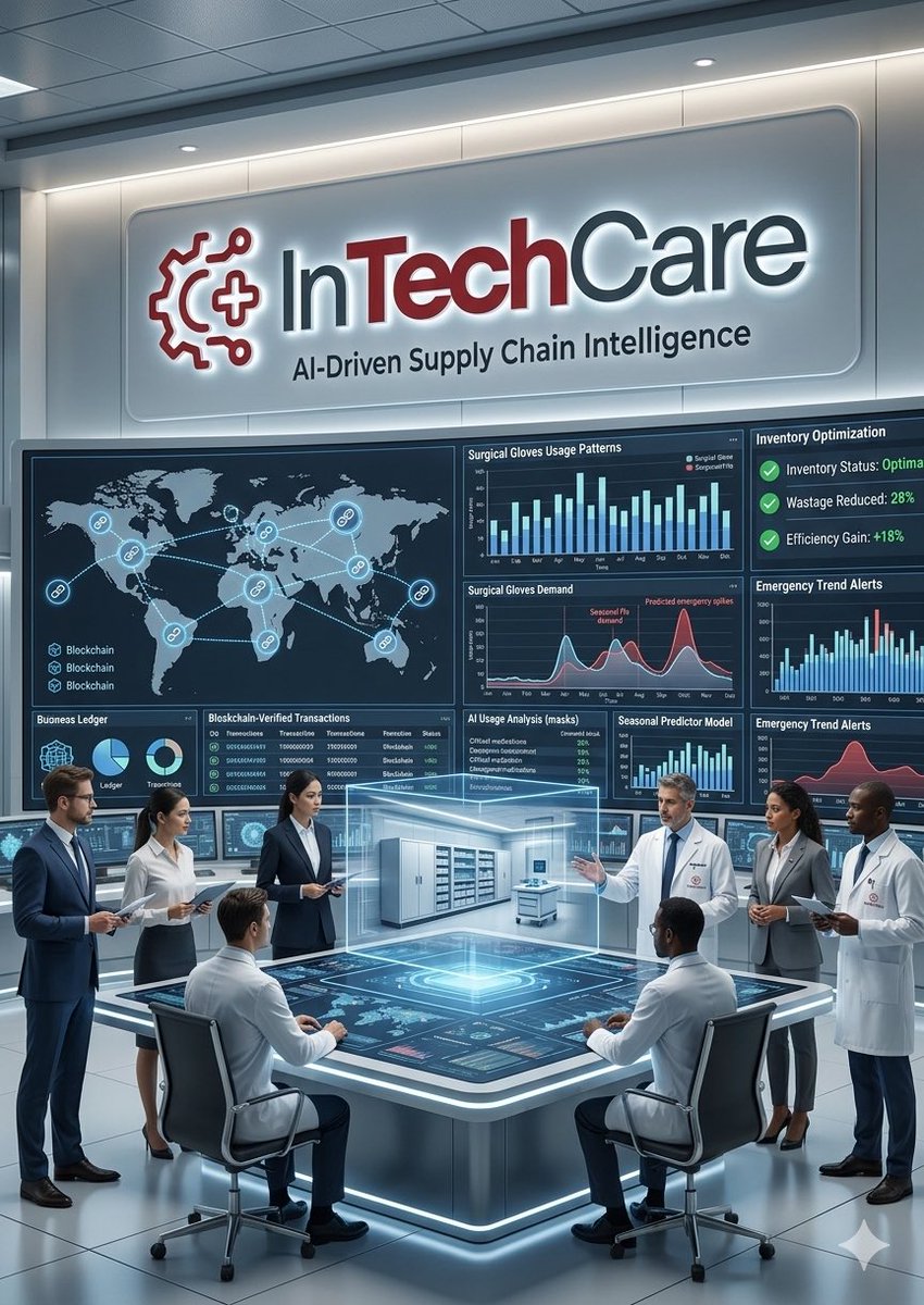 InTechCare8's tweet photo. InTechCare leverages AI and blockchain to predict demand, optimize inventory, reduce waste, and ensure hospitals always have critical medical supplies available.#HealthcareInnovation #InTechCare #SidraChain
https://t.co/UHeUjEMaSS https://t.co/ULZssmBOBp