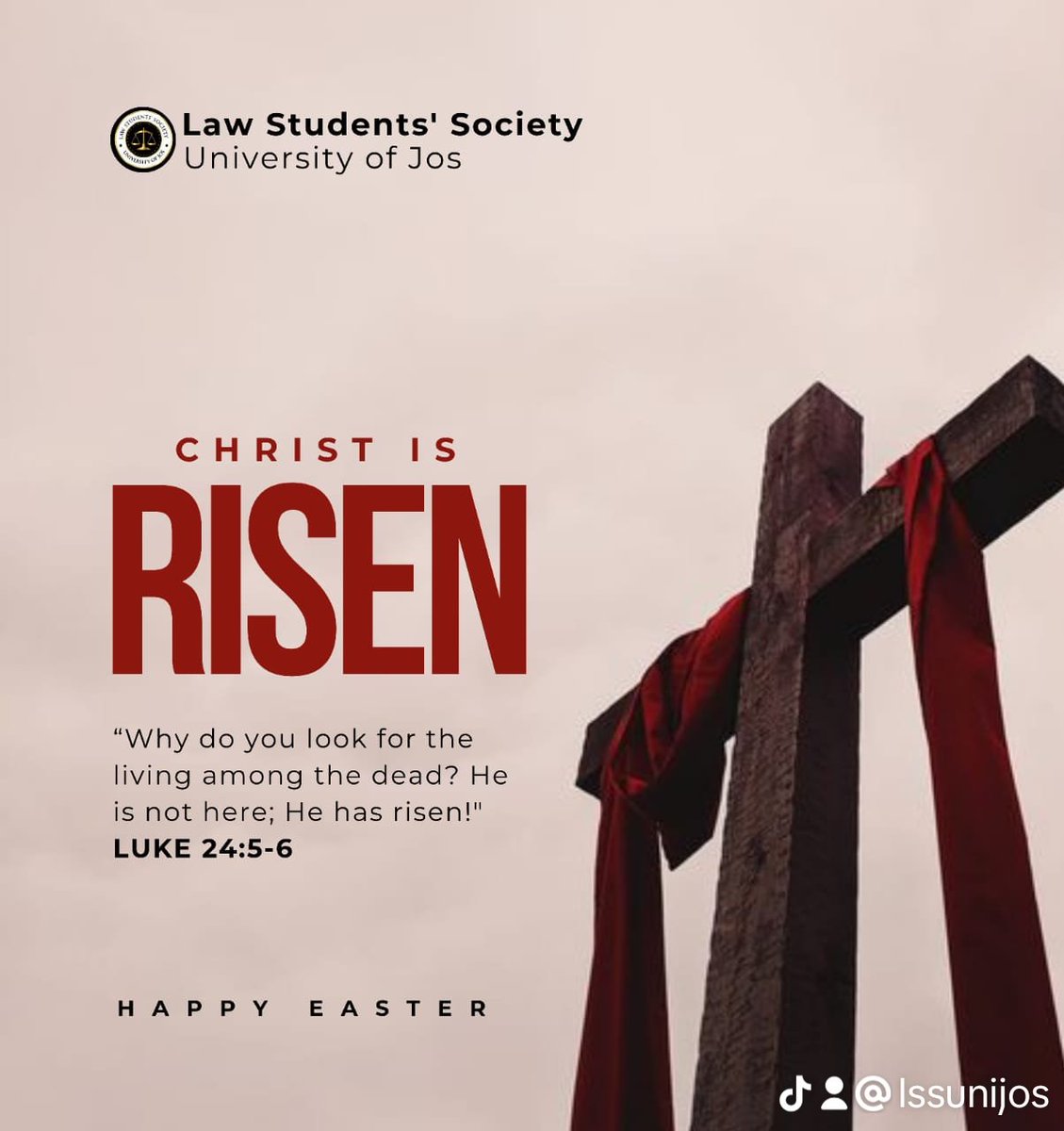 Lss_unijos's tweet photo. ⚖️ CHRIST IS RISEN✝️✝️
ALLELUIA!!! https://t.co/lMzufGn1g6