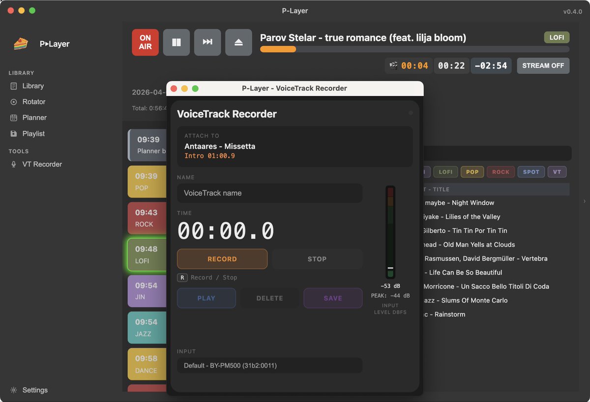 p_layer_app's tweet image. P-Layer 0.4.0 is out 
In this release I’ve added **VoiceTrack Studio** — a built-in tool for recording voice tracks directly inside P-Layer.
#onlineradio #broadcasting #radioautomation #macos #radiosoft #playout