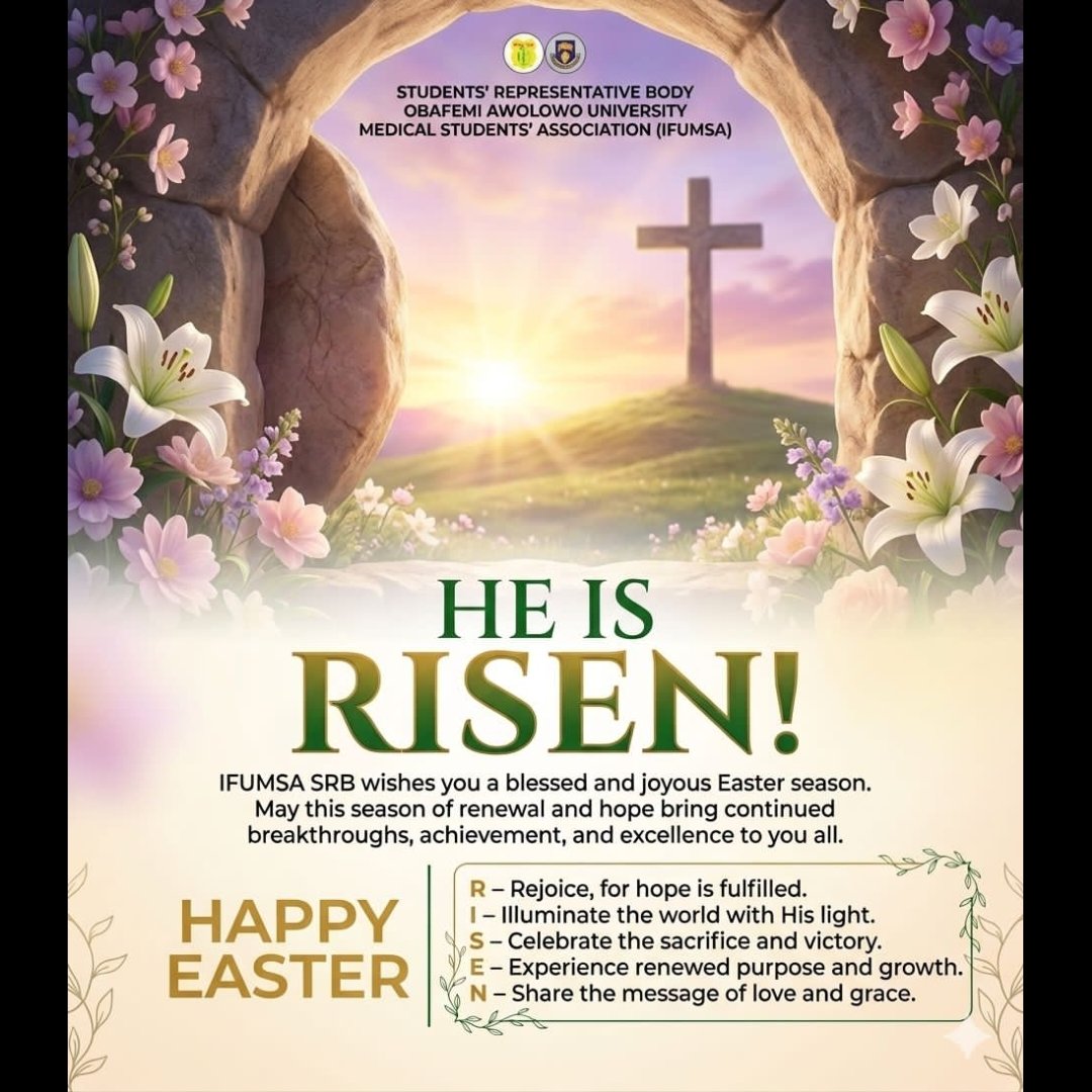 He is Risen ✝️✨

Today, we celebrate the victory of life over death, hope over despair, and light over darkness.

May the message of the resurrection inspire renewed strength, faith, and purpose in all that we do.

Wishing you a joyful and fulfilling Easter

— IFUMSA SRB