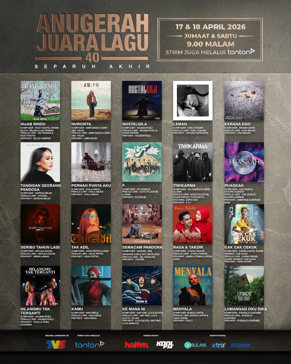 MM40Updates's tweet photo. 20 lagu telah terpilih.
40 tahun membina Generasi Selamanya Juara.
Kini… siapa bakal mencipta sejarah seterusnya?

NANTIKAN ANUGERAH JUARA LAGU 40 SEPARUH AKHIR
JUMAAT &amp; SABTU
17 &amp; 18 APRIL, 9.00 MALAM
DI TV3 &amp; STRIM JUGA MELALUI TONTON

#SFAJL40
#GenerasiSelamanyaJuara https://t.co/ZKdN7ieZxm