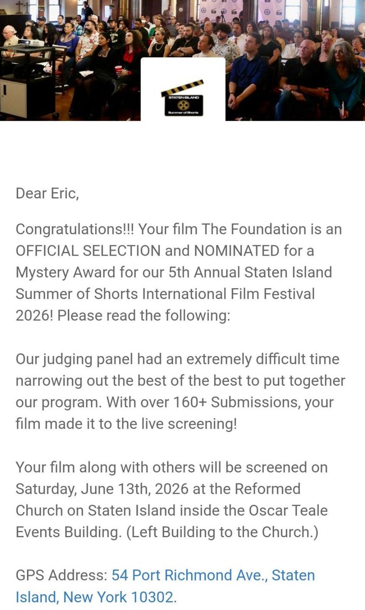It's official Eric's film has been selected to be screened at the Staten Island Short Film Festival on June 13th 2026