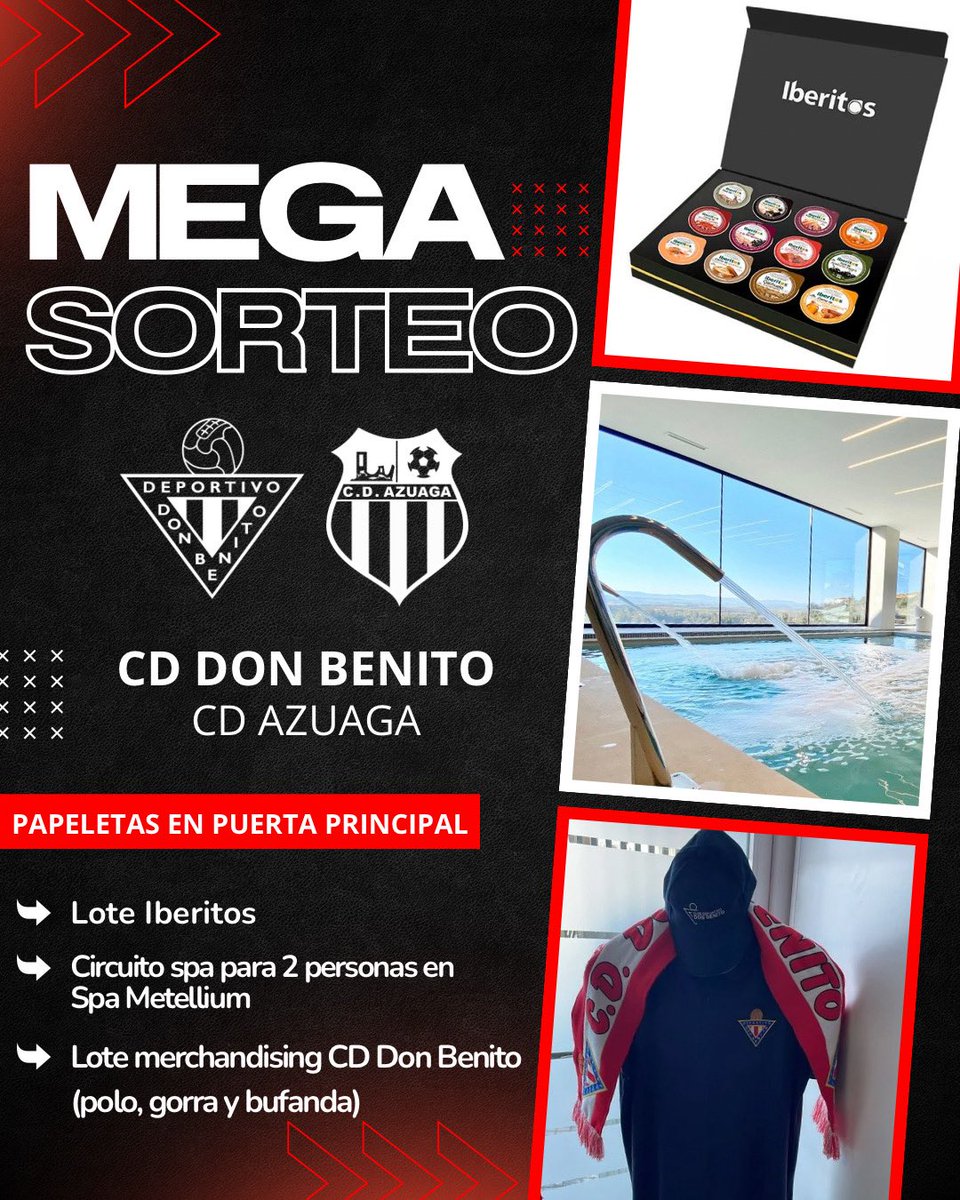 CDDonBenito_'s tweet photo. 🎁 Hoy tendremos nuevo #MEGASORTEO en el Vicente Sanz ‼️

🎟️ Las papeletas se podrán adquirir en la puerta principal del estadio antes del comienzo del #DonBenitoAzuaga.

Agradecer a Iberitos y Metelliun Spa la colaboración 🔴⚪️

#JuntosVolveremos https://t.co/dcuLcVmu5u