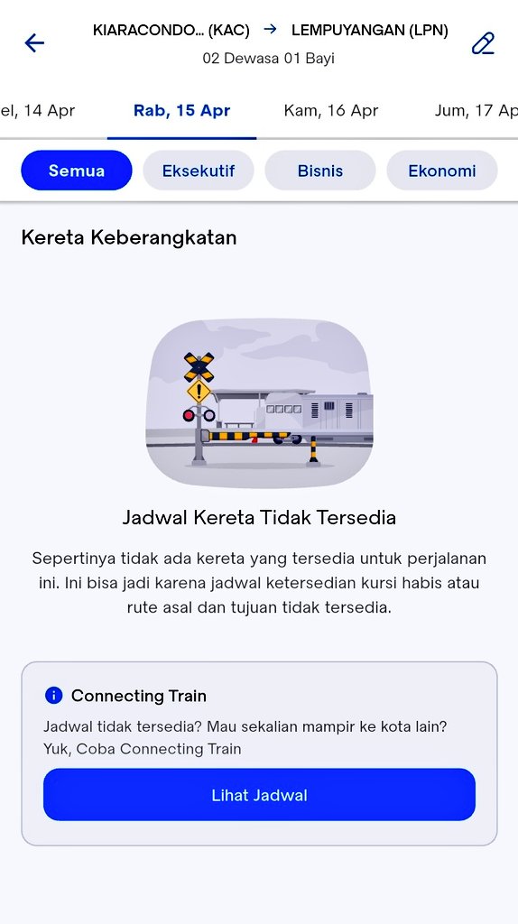 Setelah update app malah ga ada jadwal kereta yg tersedia di semua tanggal pun udah dicoba tetep kosong, kenapa ini min <a href="/KAI121/">Kereta Api Indonesia</a> <a href="/keretaapikita/">Kereta Api Kita</a> 
Error kah aplikasinya?