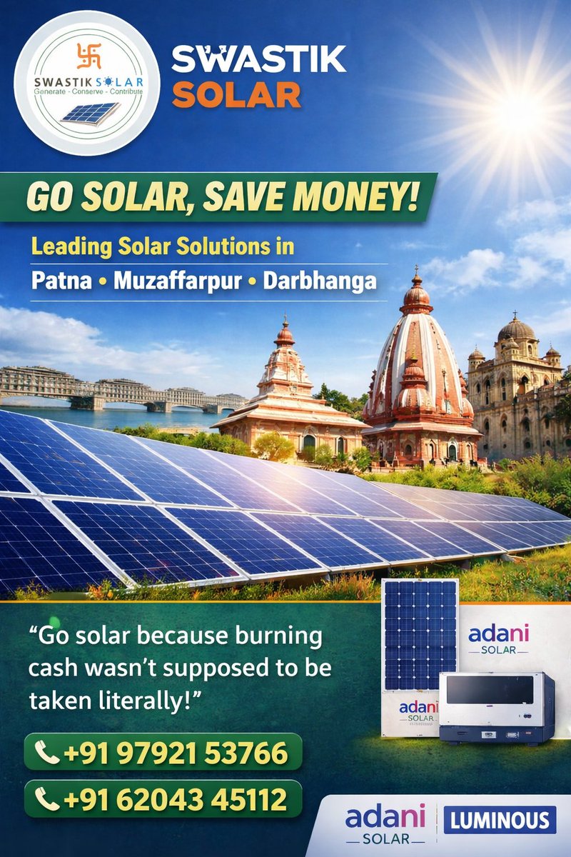 SwastikSolar's tweet photo. 👉 Switch to Solar Today &amp; Start Saving Tomorrow!
#solarpatna  #SolarDarbhanga #SolarMuzaffarpur
#BiharSolar #PatnaBusiness #DarbhangaCity #Muzaffarpur
#SolarEnergyIndia #RooftopSolar #GoSolarIndia
#SolarSavings #GreenEnergyIndia #SolarSubsidy
#ElectricityBillZero
#SwastikSolar https://t.co/tsUvn61yyW