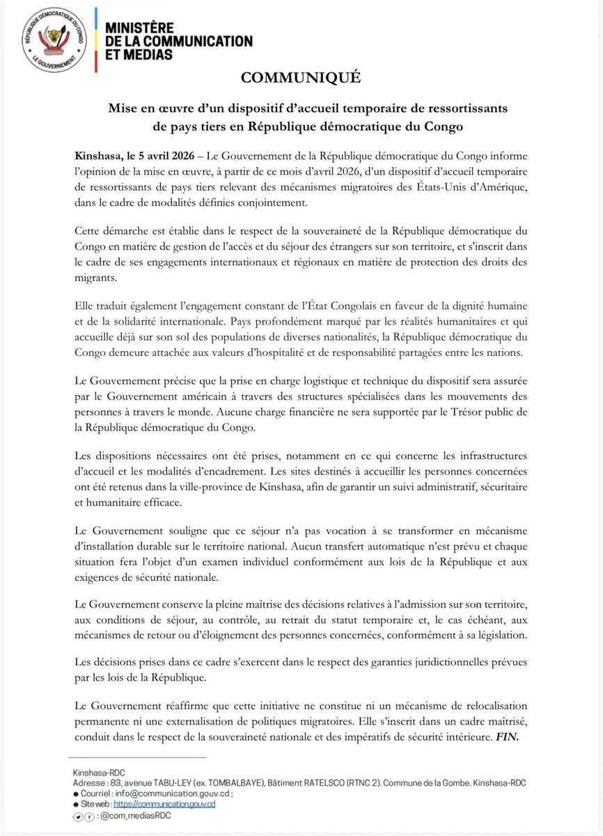 #RDC: Le Gouvernement de la République démocratique du Congo informe l'opinion de la mise en œuvre, à partir de ce mois d'avril 2026, d'un dispositif d'accueil temporaire de ressortissants de pays tiers relevant des mécanismes migratoires des États-Unis d'Amérique, dans le cadre