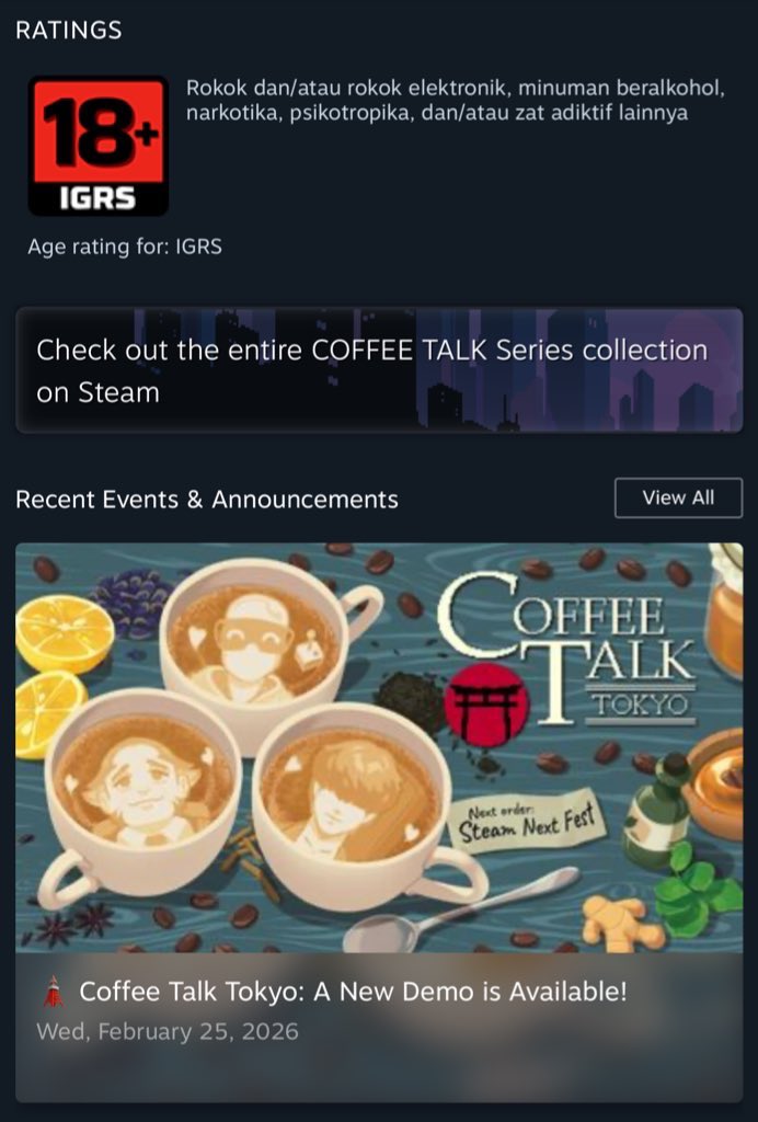 kerissakti's tweet photo. Call of Duty is labelled suitable for 3+
Coffee Talk is rated 18+

It doesn’t make sense https://t.co/XUd0TuxnRl