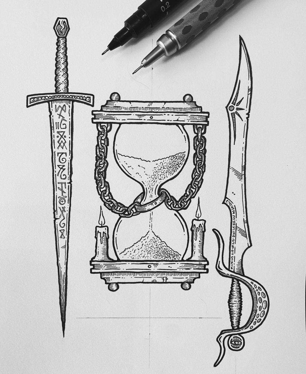 PathsPeculiar's tweet image. A couple of sword designs and an hourglass. Damn, chains are *so hard* to draw. ⛓️⚔️⏳

#handdrawn #inkart #fantasyart #sword