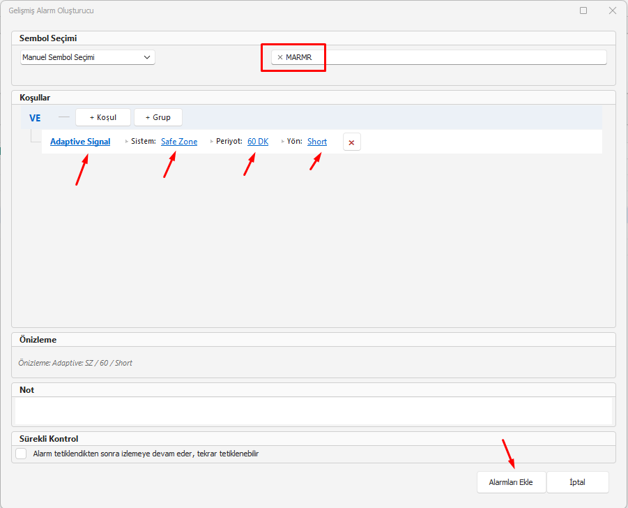 Geistalgoritma's tweet image. Peki biz nasıl Safe zone tarafında tekrar 60 dakikalık Short pozisyonu takip edebiliriz. 

- Dün anlatmıştık kolaylıkla alarm kurabilir ve bize sinyal vermesini bekleyebiliriz. 😉

#marmr #alarm #signal