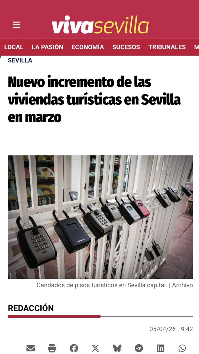 25 Viviendas de Uso Turístico más inscritas en marzo en Sevilla. El Gobierno de José Luis Sanz continúa echando más leña al fuego, hasta que arda SEVILLA ENTERA CON LOS SEVILLANOS. ES UN DESTRUCTOR. EL PEOR ALCALDE DE CUANTOS HEMOS TENIDO.
vivasevilla.es/articulo/sevil…