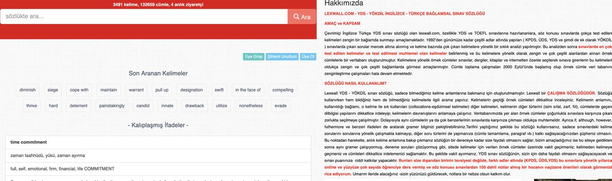 Bir Sözlük:

Yıldız Teknik Üniversitesi'nden Ahmet Başal Hocamızın hazırladığı bir sözlük.

Çevrimiçi İngilizce Türkçe YDS sınav  sözlüğü olan lexwall.com, özellikle YDS ve TOEFL sınavlarına  hazırlananlara kelimeleri  zengin bir bağlamda sunmayı amaçlamaktadır.