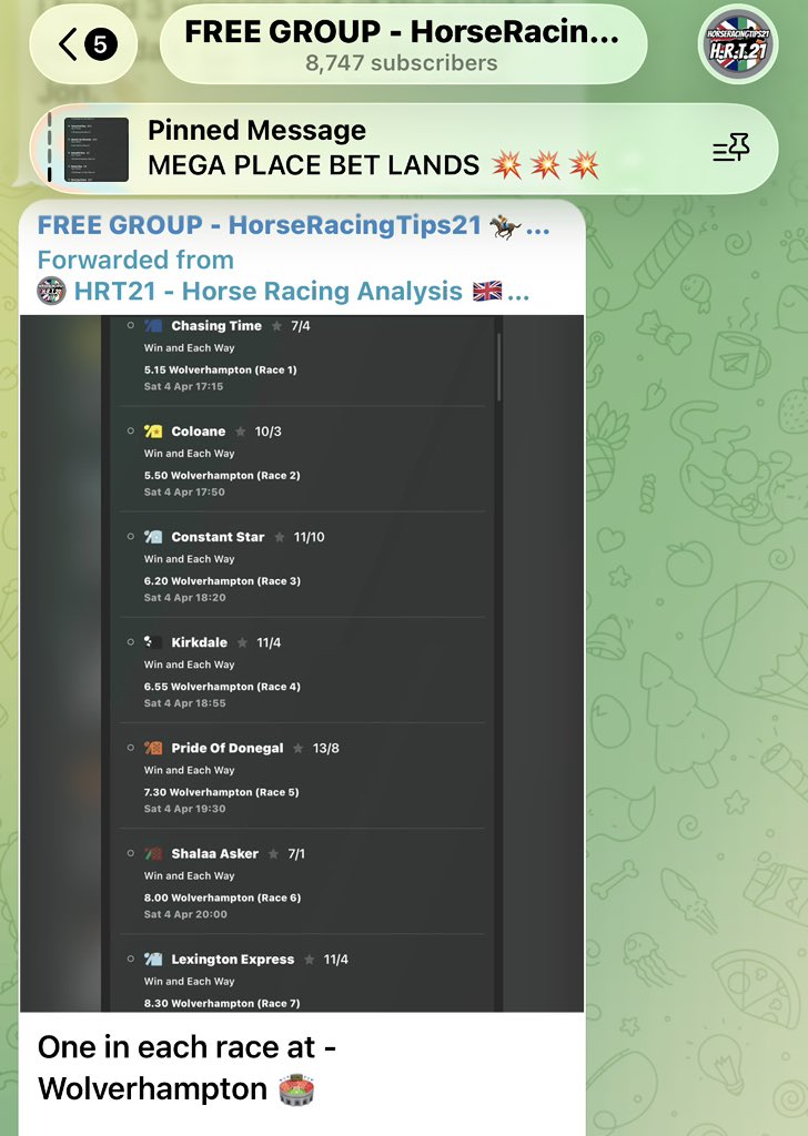 Tips_Nation_21's tweet photo. Full card each way paid out 50/1 ✅ 

Place bet paid out 18/1 ✅ 

If the last 2 won it would have paid 8400/1….

4th April 2026 Horse Racing Analysis Group Results!🏆

Musselburgh 🏟️
Mount Atlas 2nd 🥈 
Dancingwithmyself 2nd 🥈 13/2
Al Hussar 3rd 🥉 9/1 

Haydock 🏟️
Atlantic City 2nd 🥈 11/2
Major Fortune 1st 🥇 13/2

Newton Abbot 🏟️
Reel Orange 1st 🥇 11/4
Scareface 1st 🥇 8/1 
Top Guy 1st 🥇 7/2 
Gustes Dance 3rd 🥉 
1 NR 

Fairyhouse 🏟️
Alliteration 1st 🥇 9/2 
Kilbarry Saint 2nd 🥈 
Vaureal 2nd 🥈 6/1 
Divaboriva 4th 🍀 18/1 
Some Pretender 3rd 🥉 

Cork 🏟️
Cardiff By The Sea 1st 🥇 13/8 
King Cuan 3rd 🥉 
Signora 2nd 🥈 
Empty Wallet 1st 🥇 9/2 

Huntingdon 🏟️
Is This For Real 1st 🥇 11/8 
Overabottleofred 1st 🥇 9/4 
Kentucky River 1st 🥇 15/8 
Icare Grandchamp 2nd 🥈

Wolverhampton 🏟️
Chasing Time 1st 🥇 7/4 
Coloane 1st 🥇 10/3
Constant Star 1st 🥇 11/8 
Kirkdale 1st 🥇 11/4 
Pride Of Donegal 1st 🥇 13/8
Shalaa Asker 2nd 🥈 7/1 
Lexington Express 2nd 🥈 5/1 
Each way card paid 50/1 ✅ 
Place bet paid 18/1 ✅ 

15 Winners and 14 places yesterday 🏆