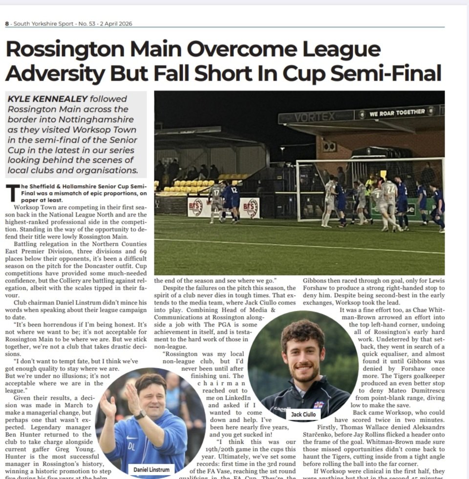 In the latest in our series talking to key people at local sides, <a href="/KKennealey/">Kyle Kennealey</a> went to <a href="/RMFC1919/">Rossington Main FC</a>'s game at <a href="/worksoptownfc/">Worksop Town FC</a> and spoke with Chair Daniel Linstrum (<a href="/ChairmanDLRMFC/">Daniel Linstrum</a>) and Head of Media <a href="/Jack_Ciullo/">Jack Ciullo</a>. Read it in our latest issue free at southyorkshiresport.co.uk