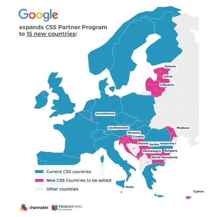 Google expands the CSS Partner program in Europe, adding 15 more countries for Shopping this year. First wave: Back-to-School. Second wave: Holiday season. Lower CPC &amp; new commission models via alternative partners. 🚀 #googleads #shopping #csspartner