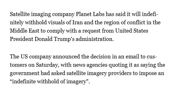 owenboswarva's tweet image. US satellite firm Planet Labs announces blackout on war on Iran images aljazeera.com/news/2026/4/5/…

#geospatial #remotesensing #censorship #waroniran