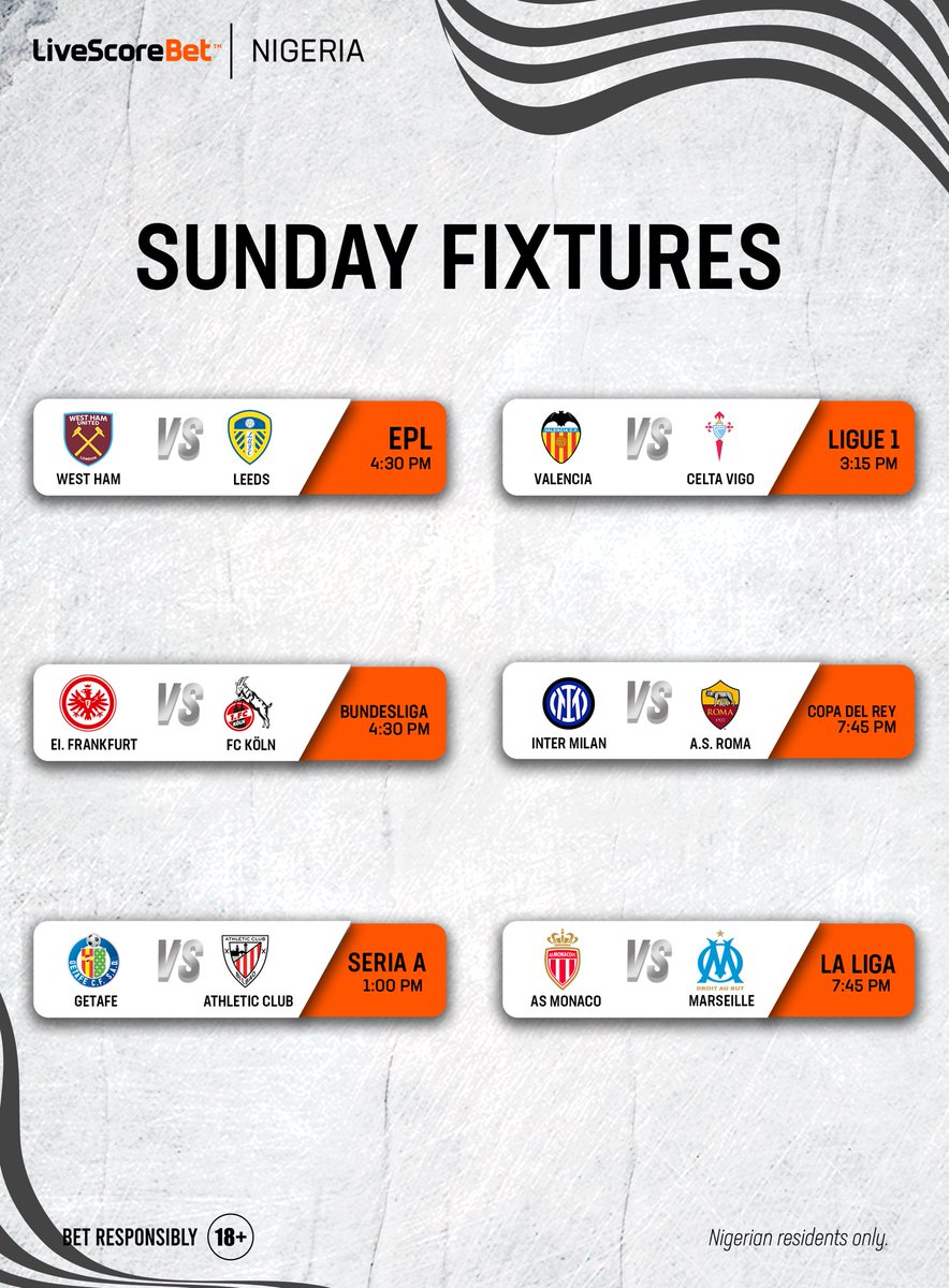 LivescorebetNG's tweet photo. Sunday vibes = football all day ⚽🔥

From West Ham United vs Leeds United to Inter Milan vs AS Roma. It’s a full slate of action across Europe 🌍

Who’s making your ticket today? 🎯💰 

⚠️ Nigerian residents only. 🔞
 #18+ #PlayResponsibly  
#SundayFixtures #facup #sériea https://t.co/q4Z1Nt6R3J