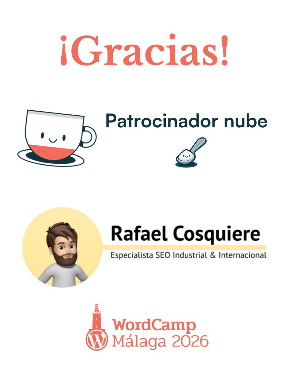 wpmalaga's tweet photo. ☁️ Gracias, Rafael Cosquiere, por sumarte como patrocinador y apoyar la comunidad WordPress.
Puedes conocer más sobre su trabajo en LinkedIn y en su web https://t.co/w6f8jqDpZs
#WCMLG26 #WordPress #SEO #ComunidadWordPress https://t.co/4VhJ9lSt2X