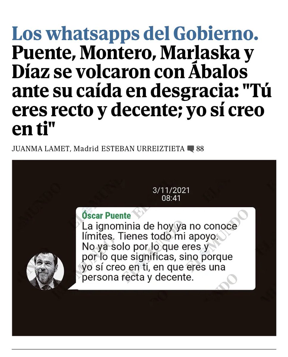 silviafranco0's tweet image. “Tienes todo mi apoyo… yo sí creo en ti, en que eres una persona recta y decente”. Este es el mensaje privado que Puente le enviaba a Ábalos.  

👉 Hay complicidades que delatan más al cómplice que al protagonista.

#Puente #Ábalos #TramaKoldo #PSOE #PolíticaEspañola