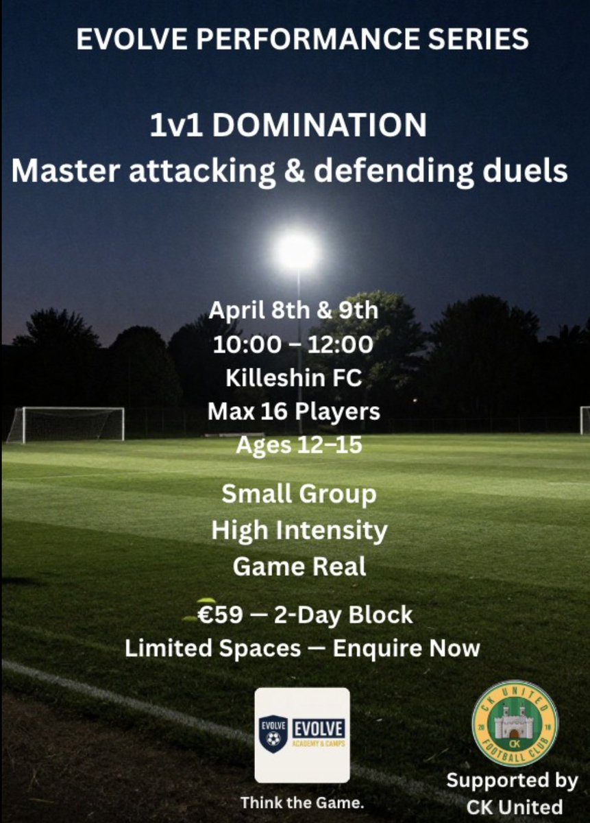Evolvesoccerco1's tweet photo. Starts this week.

Small group.
More touches.
Better decisions.
A couple of places left 👍

Delighted to support players alongside their club football. https://t.co/fR66j9SZD8