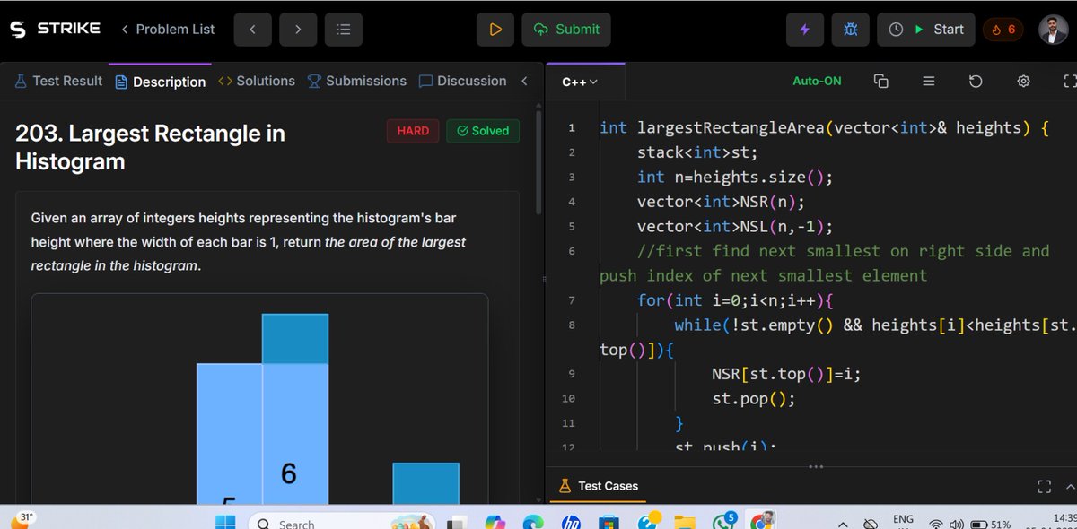 OmPrakash_cpp's tweet photo. Practiced Stack problems today 💻
NGE, NSE, PGE, PSE, circular NGE &amp; Valid Parentheses
🔹 Largest Rectangle in Histogram — key stack problem 📘
#DSA #Stack #Coding #ProblemSolving https://t.co/W78koU4haw